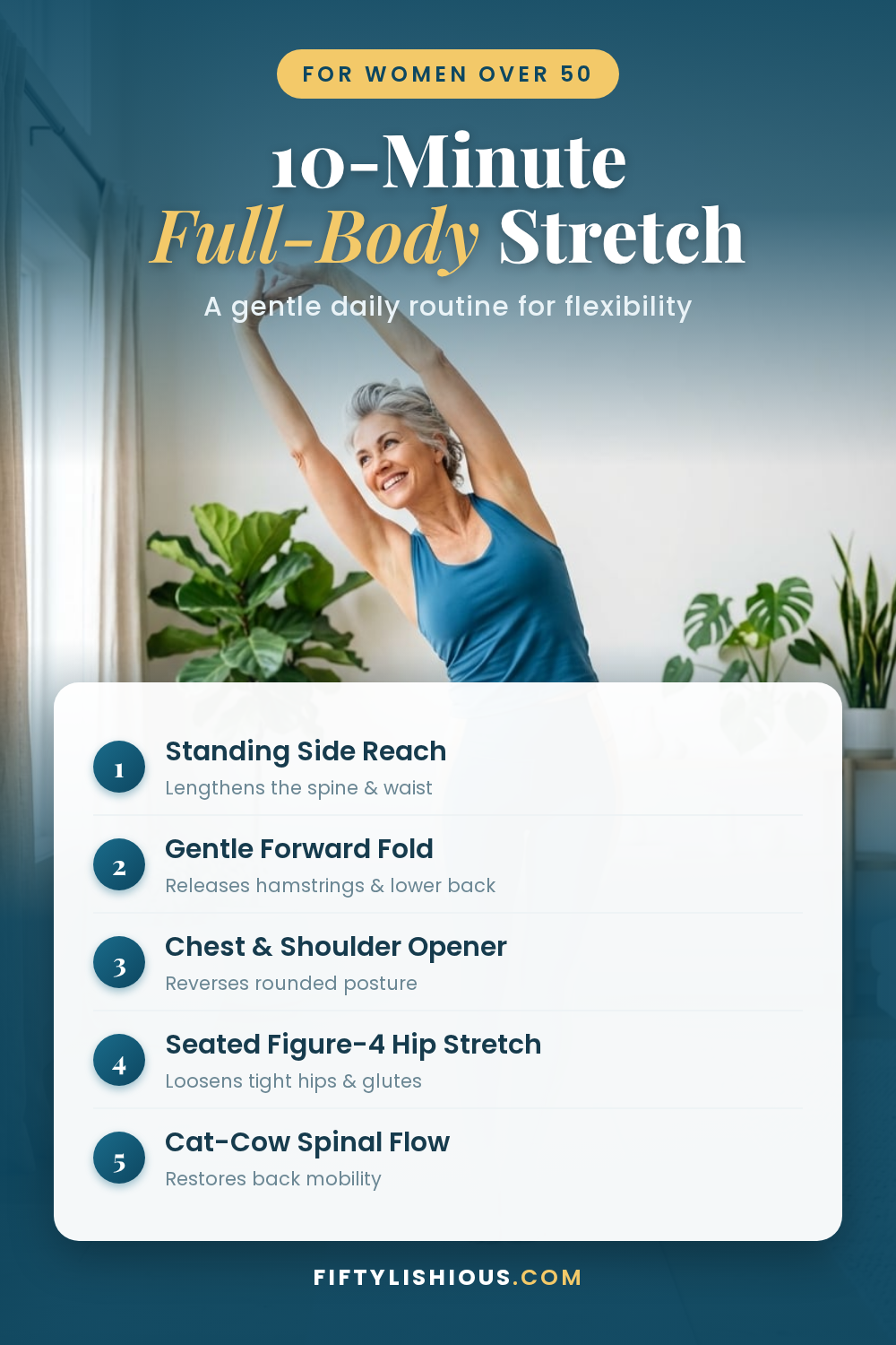 10-Minute Full-Body Stretching Routine for Women Over 50 — Ocean Blue & Gold Numbered Routine Pin