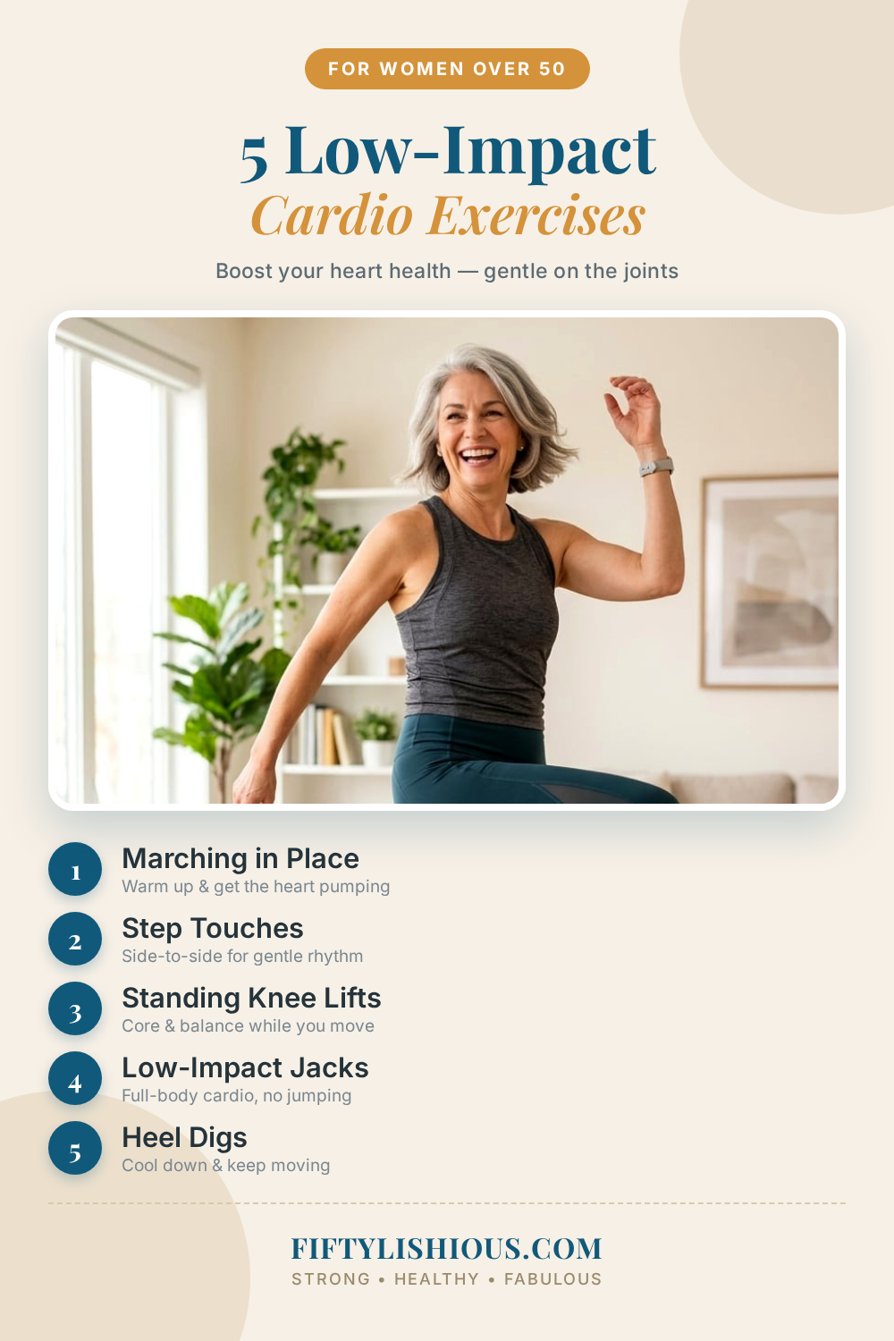 5 Low-Impact Cardio Exercises for Women Over 50 — Bright Cream Editorial Style Pin