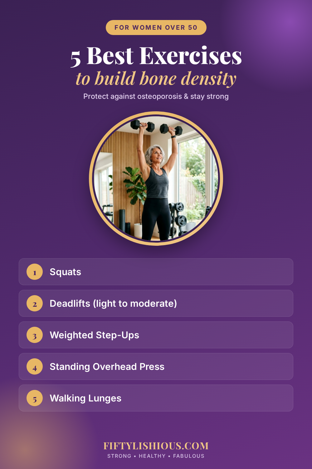 5 Best Exercises to Build Bone Density After 50 — Deep Plum & Gold Circular Photo Pin