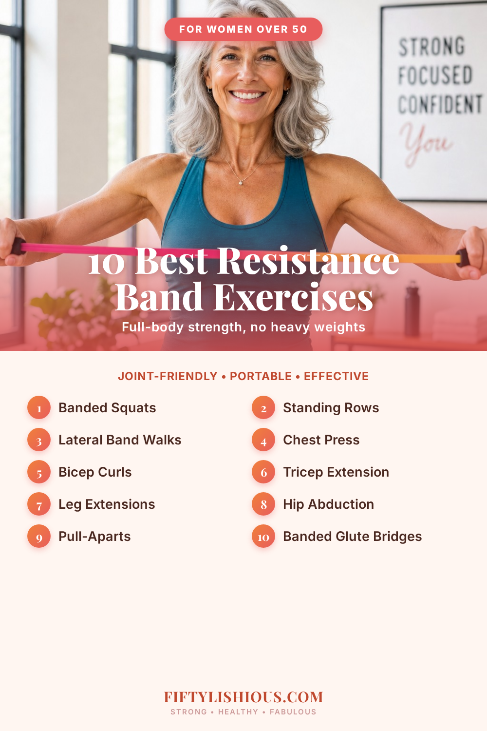 10 Best Resistance Band Exercises for Women Over 50 — Bright Coral Full-Body Pin (NEW)