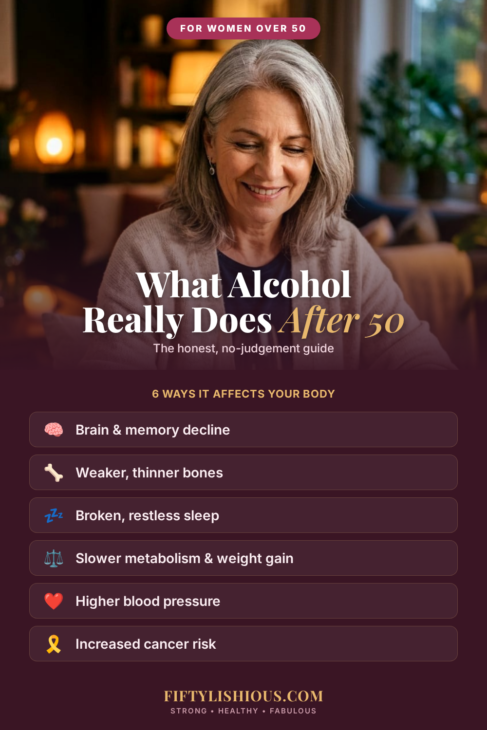 What Alcohol Really Does to Your Body After 50 — Deep Wine & Gold Editorial Pin