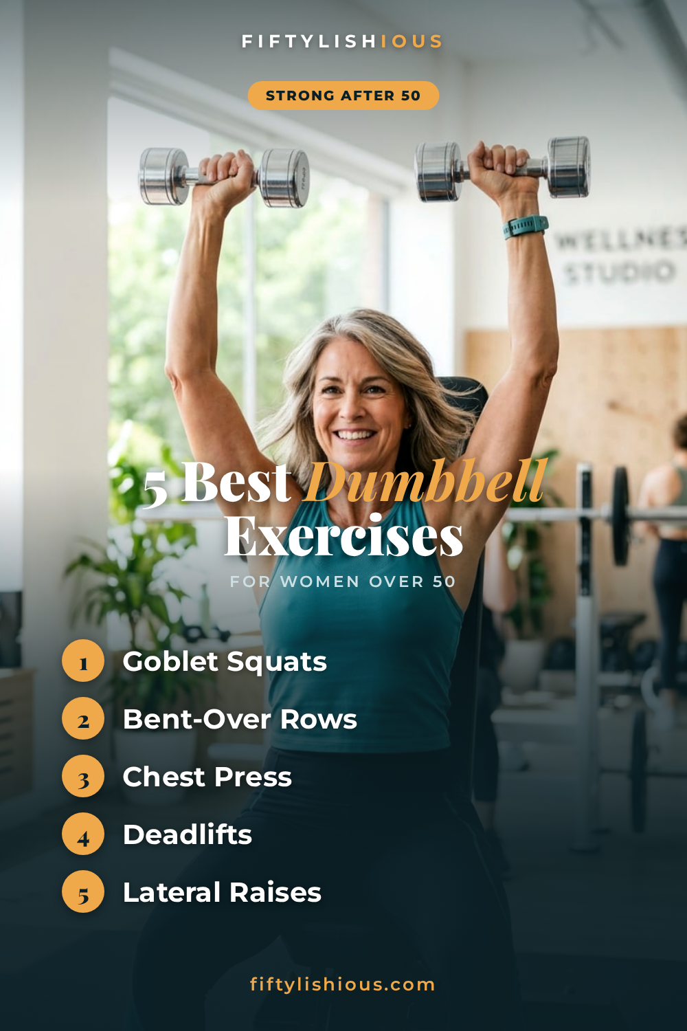 5 Best Dumbbell Exercises for Women Over 50 — Bold Amber Numbered Editorial Pin