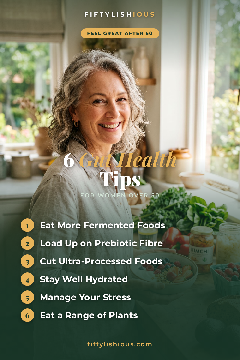 6 Gut Health Tips for Women Over 50 — Fresh Sage Green & Gold Kitchen Editorial Pin