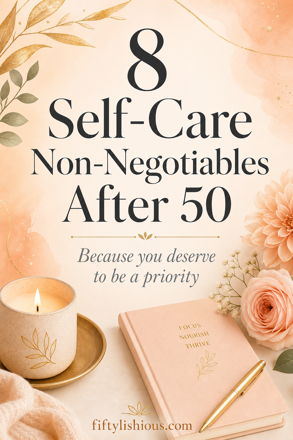 8 Self-Care Non-Negotiables After 50 — Warm Peach & Gold Wellness Pin