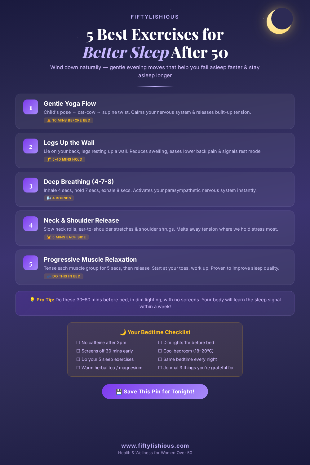 5 Best Exercises for Better Sleep After 50 — Deep Purple & Lavender Infographic Pin