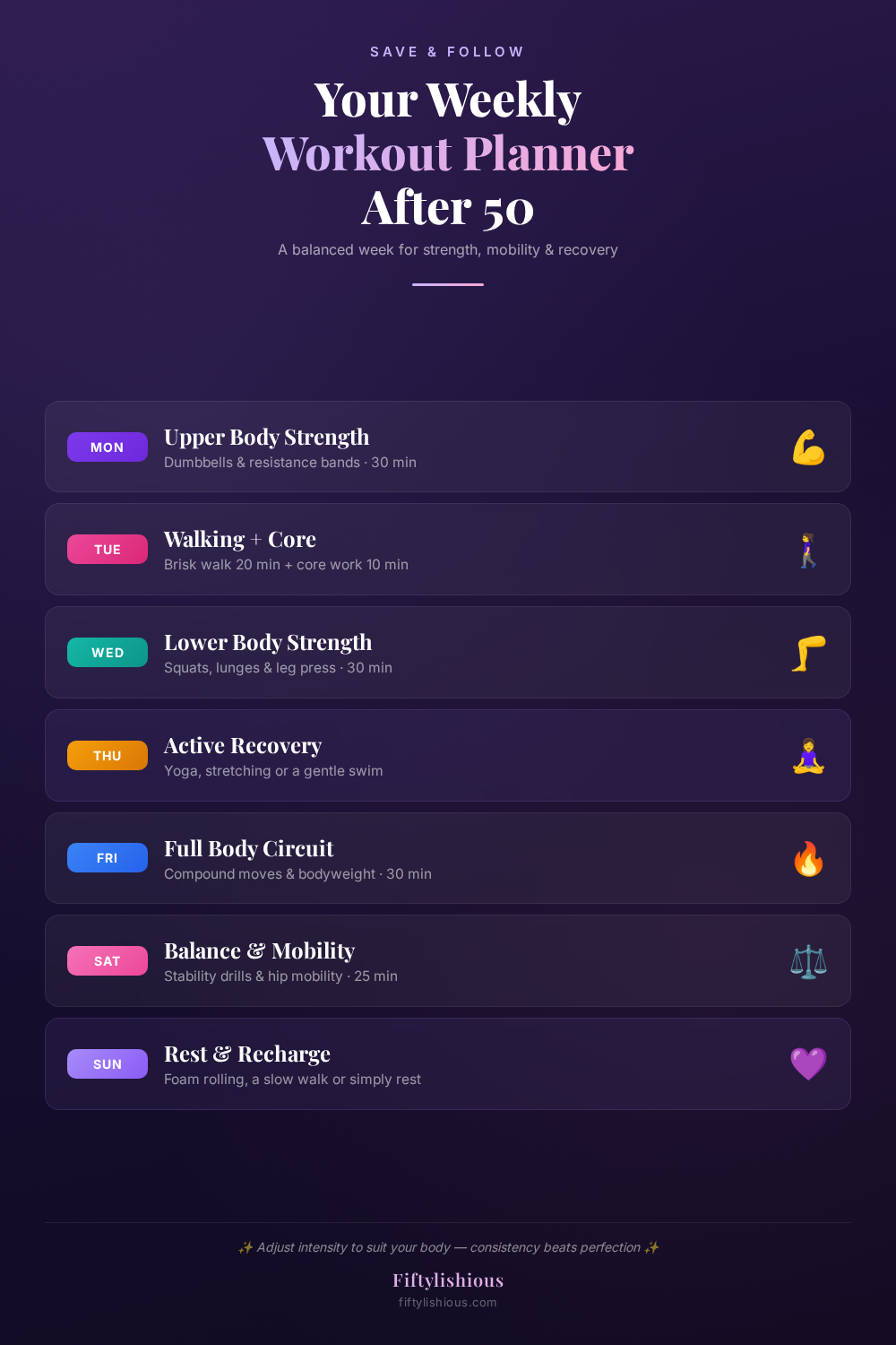 Your Weekly Workout Planner After 50 — Purple & Pink Infographic Pin