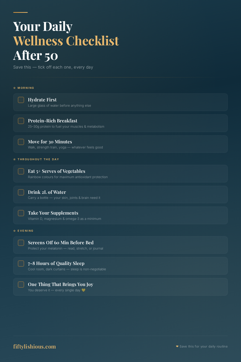 Your Daily Wellness Checklist After 50 — Dark Teal Infographic Pin