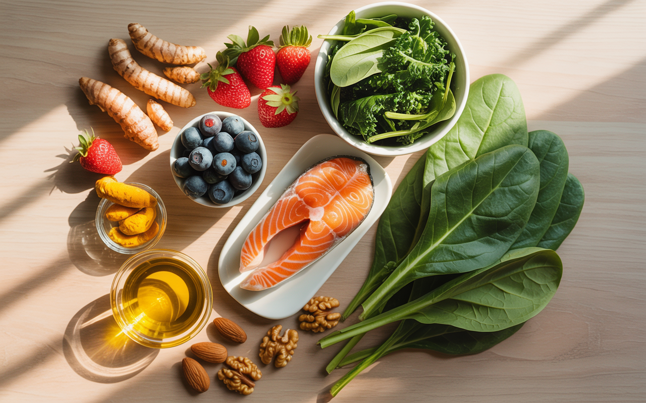 Healthy meal plan ingredients on a wooden table