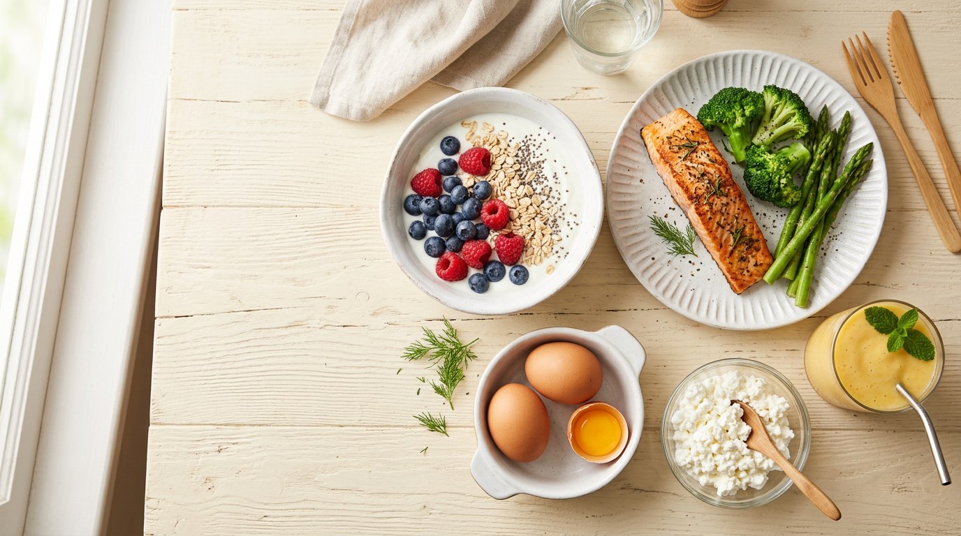 An overhead spread of healthy high-protein foods — Greek yoghurt with berries, salmon with greens, eggs and a smoothie